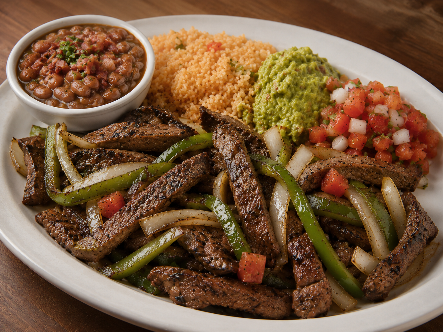 Beef fajita plate served with guacamole, salad, charro beans, and rice on a white plate