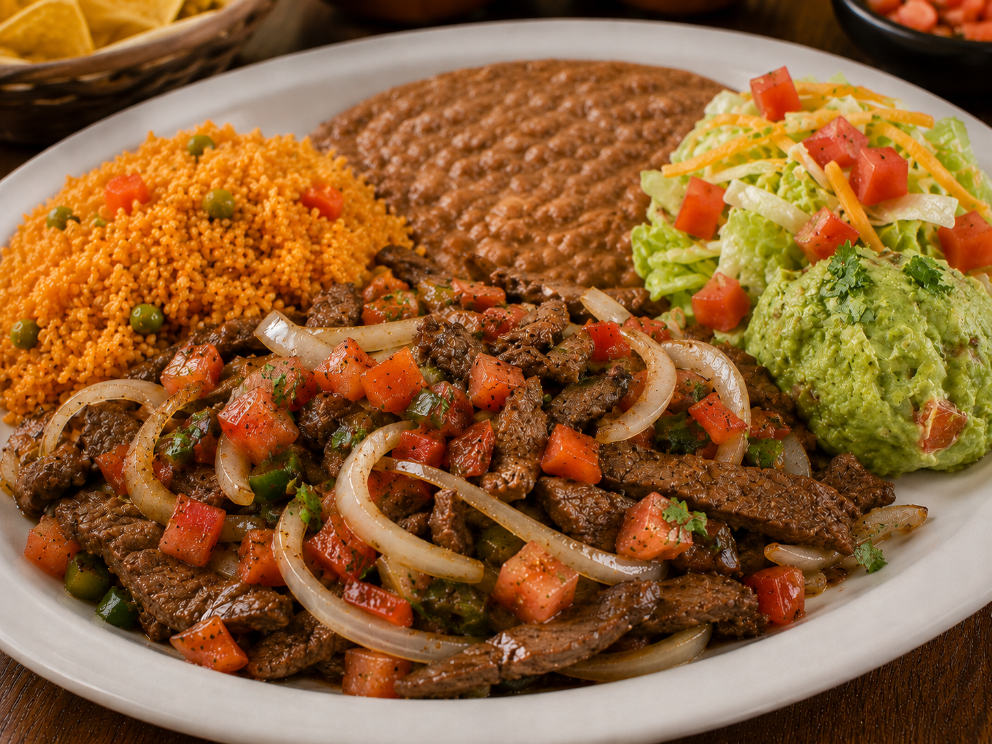 Bistek a la Mexicana plate served with guacamole, rice, beans, pico de gallo, and salad on a white plate