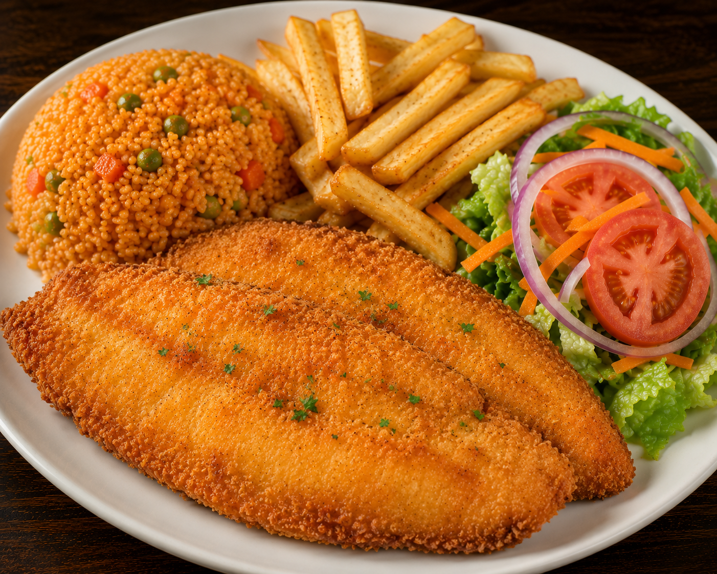 Breaded Fish plate served with guacamole, rice, beans, pico de gallo, and salad on a white plate