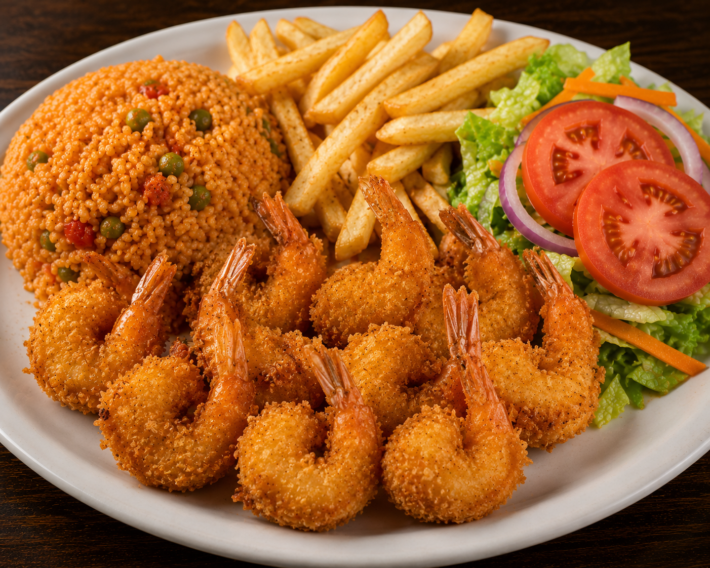 Breaded shrimp plate served with guacamole, rice, beans, pico de gallo, and salad on a white plate