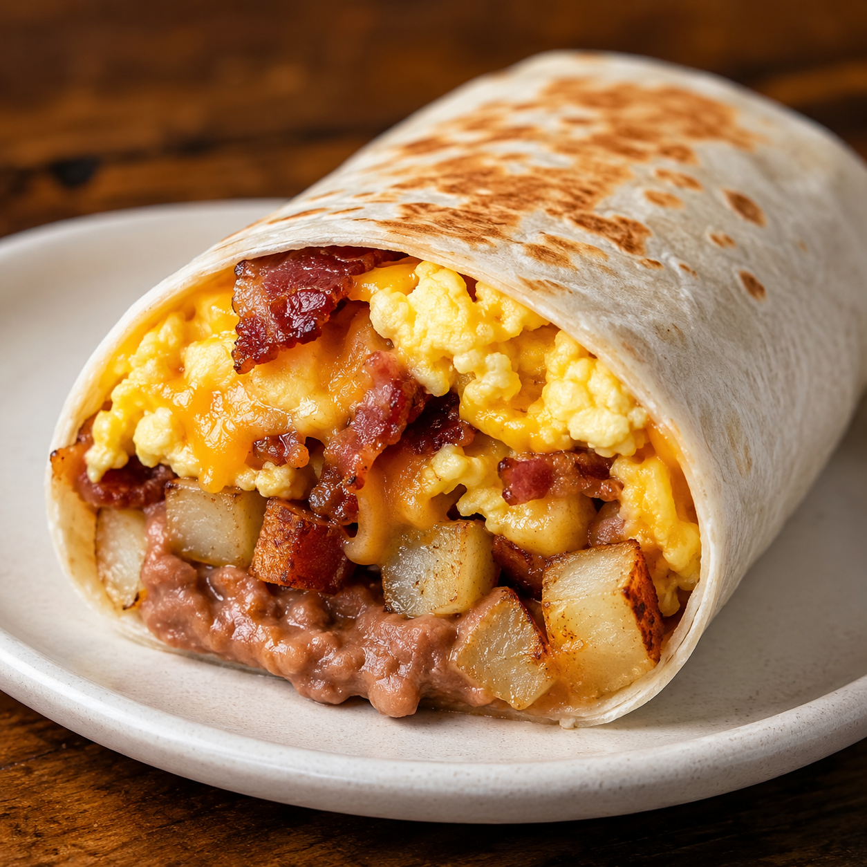 Breakfast Burrito served on a white plate with a side of refried beans and potatoes