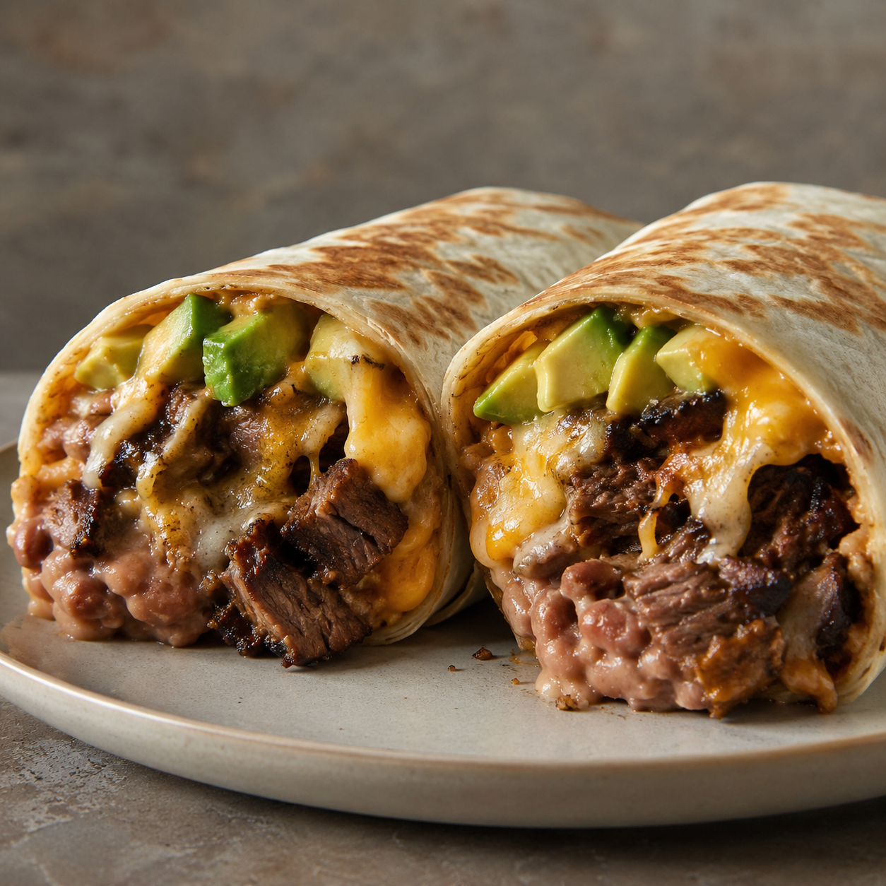 Burritos plate served with choice of meats on a white plate