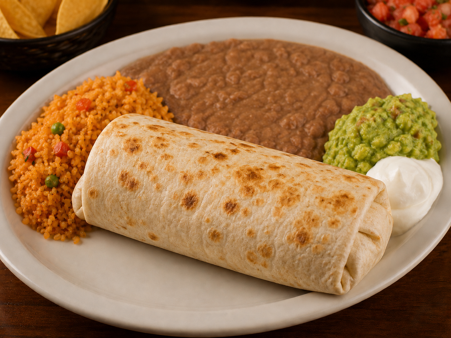 Burrito Campo Azul plate served with guacamole, rice, beans, pico de gallo, and salad on a white plate