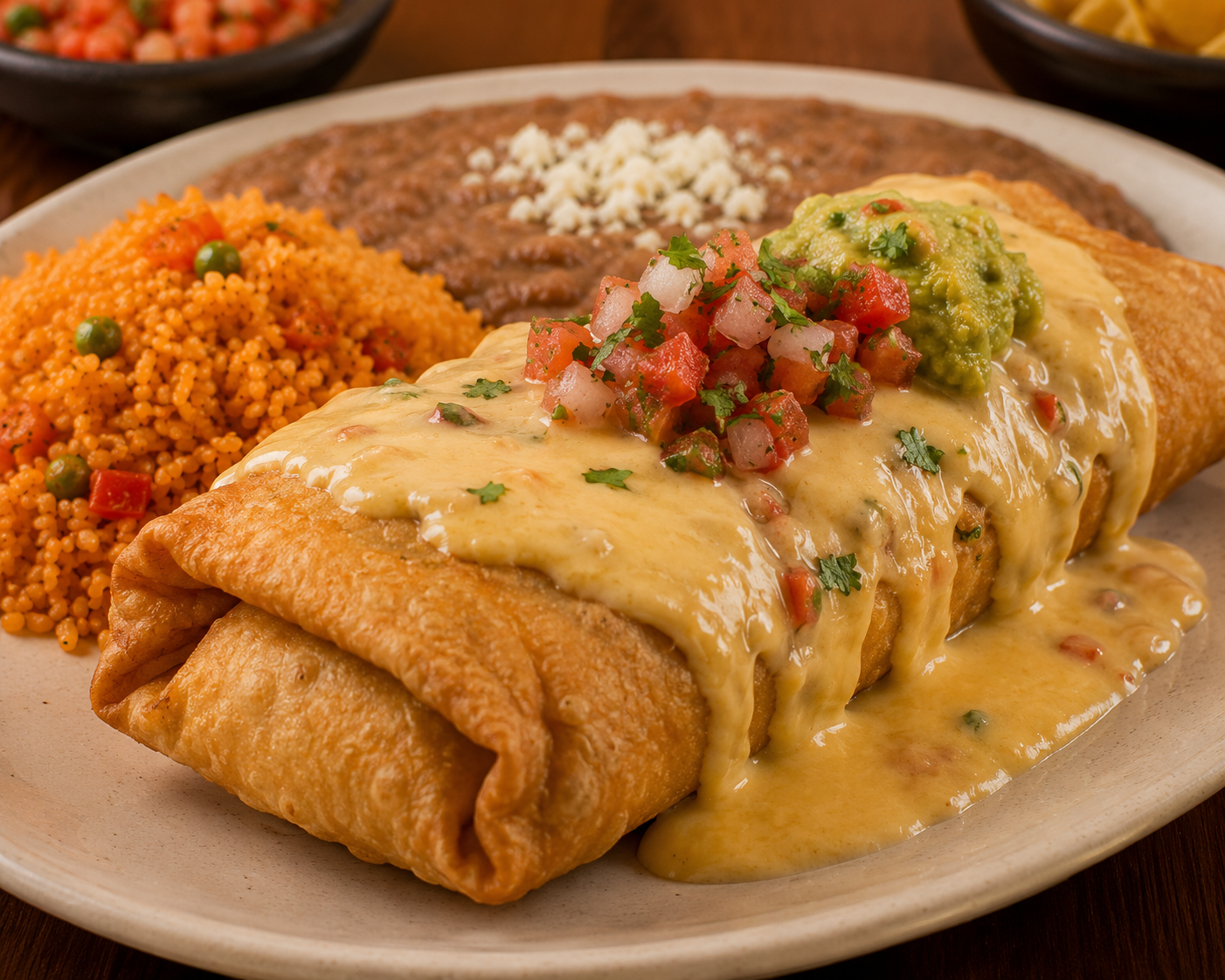 Burrito Chimichanga Fried plate served with guacamole, rice, beans, pico de gallo, and salad on a white plate