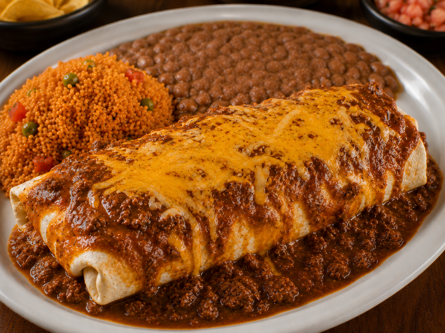 Burrito Jalisco plate served with guacamole, rice, beans, pico de gallo, and salad on a white plate