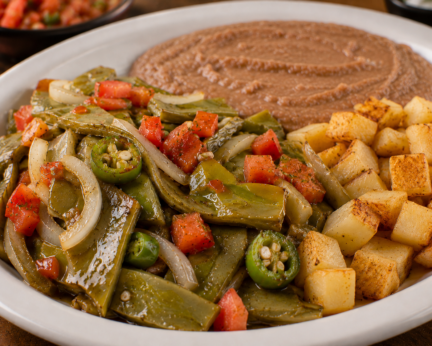 Cactus a la Mexicana with onions, tomatoes, and jalapeño peppers, served on a white plate with a side of refried beans and potatoes