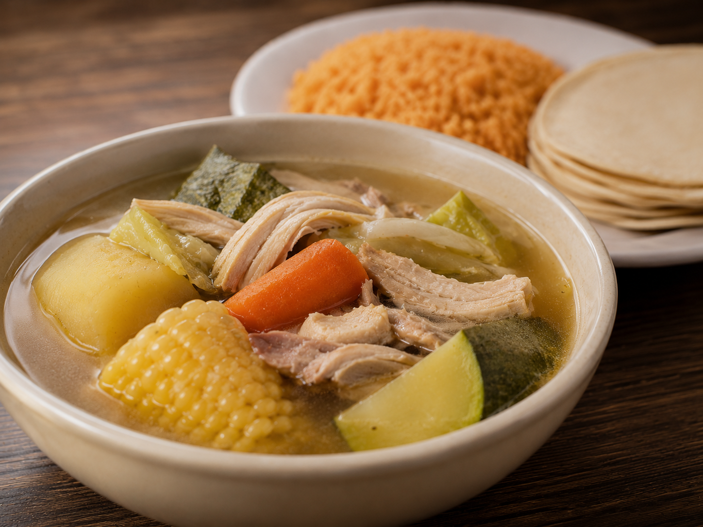 Caldo de Pollo plate served with guacamole, rice, beans, pico de gallo, and salad on a white plate