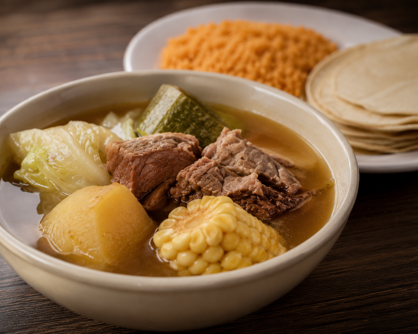Caldo de Res plate served with guacamole, rice, beans, pico de gallo, and salad on a white plate