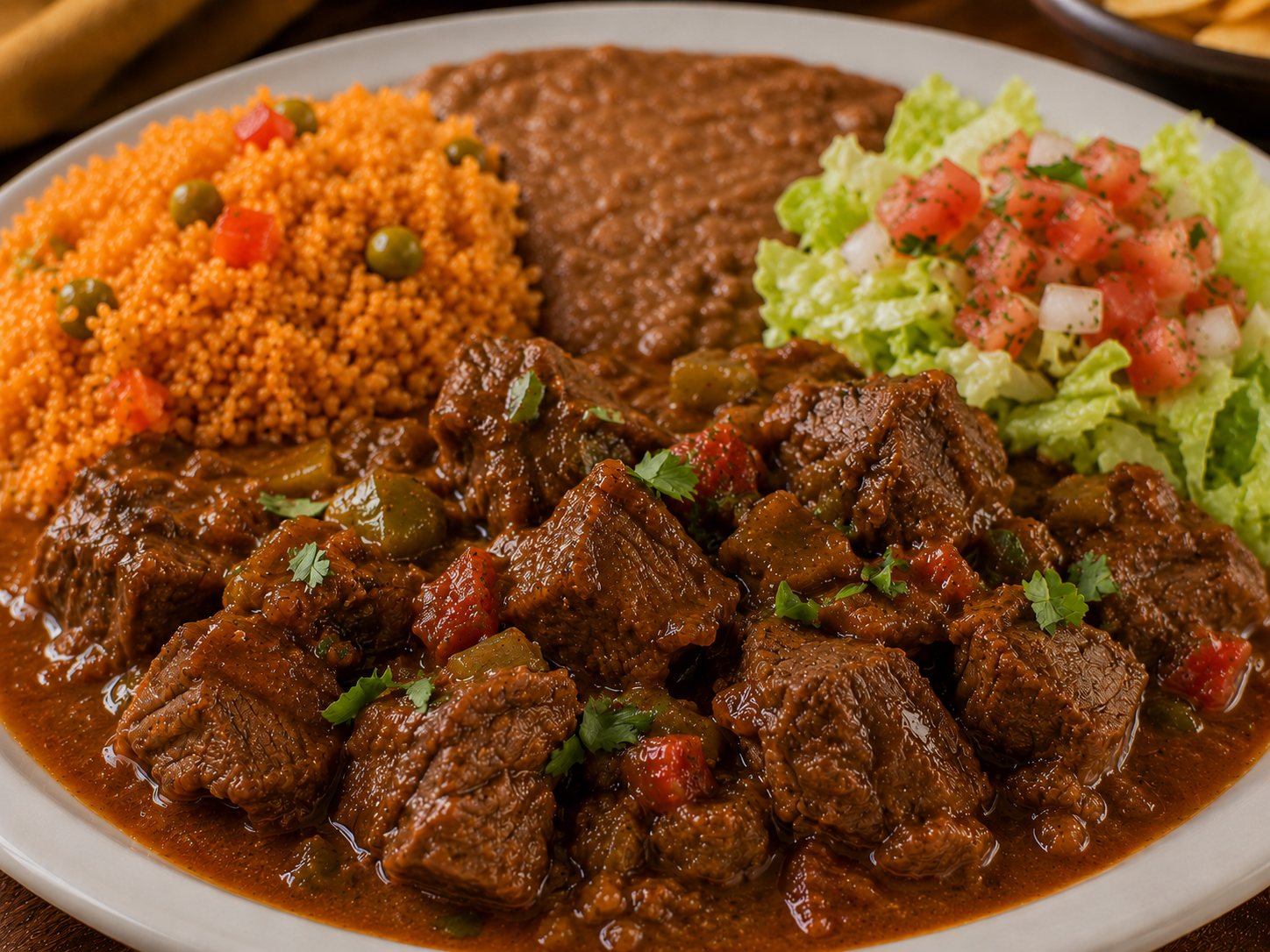 Carne Guisada plate served with guacamole, rice, beans, pico de gallo, and salad on a white plate