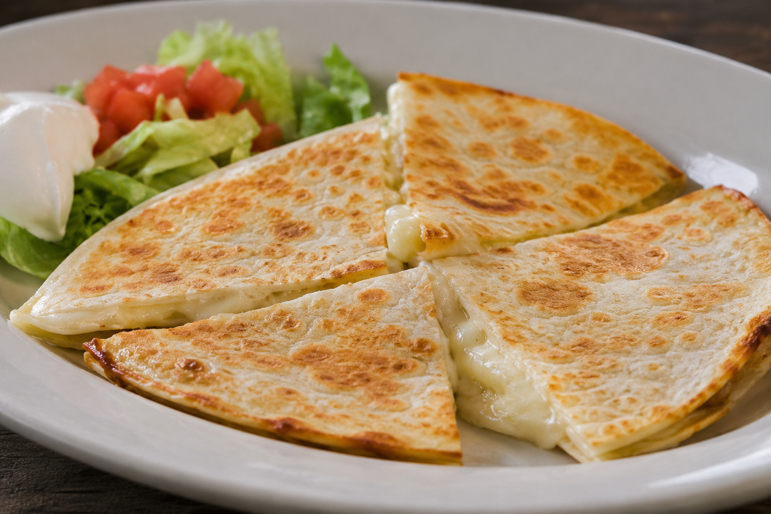 Cheese Quesadilla (Small) plate served with guacamole, rice, beans, pico de gallo, and salad on a white plate