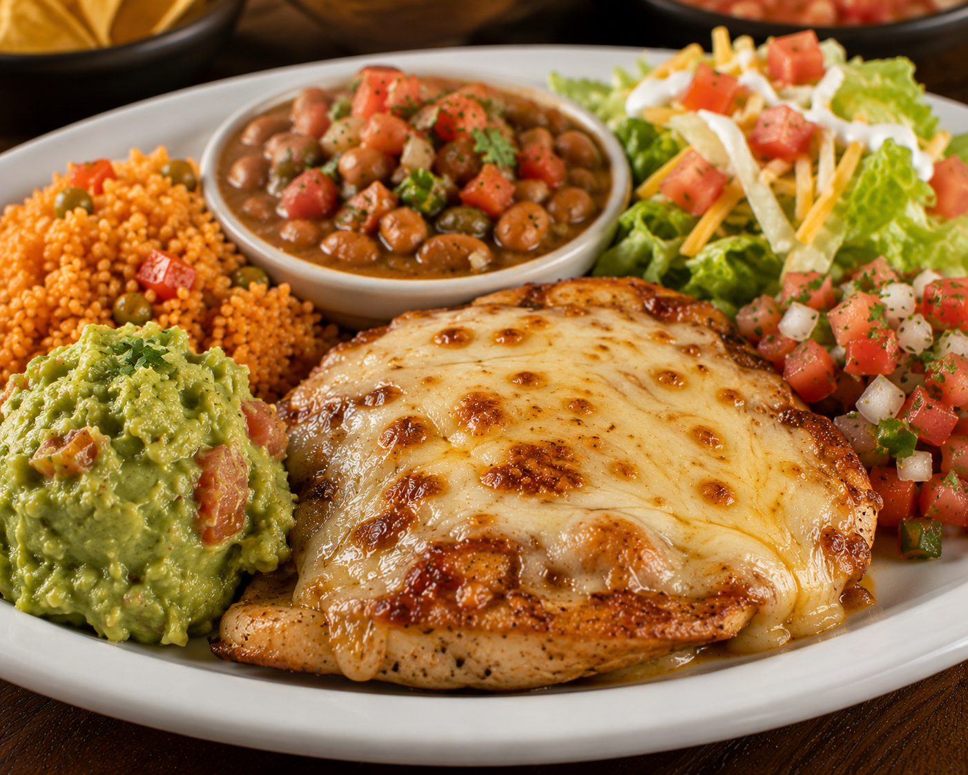 Chicken Chipotle plate served with guacamole, rice, beans, pico de gallo, and salad on a white plate