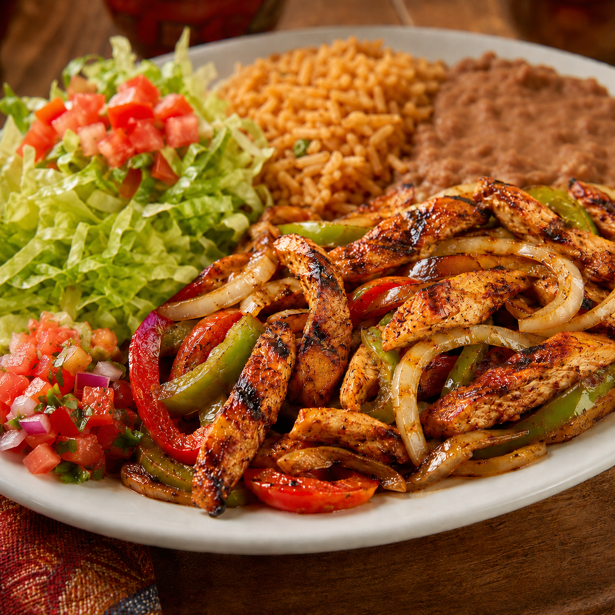 Chicken fajita plate served with guacamole, rice, beans, pico de gallo, and salad on a white plate