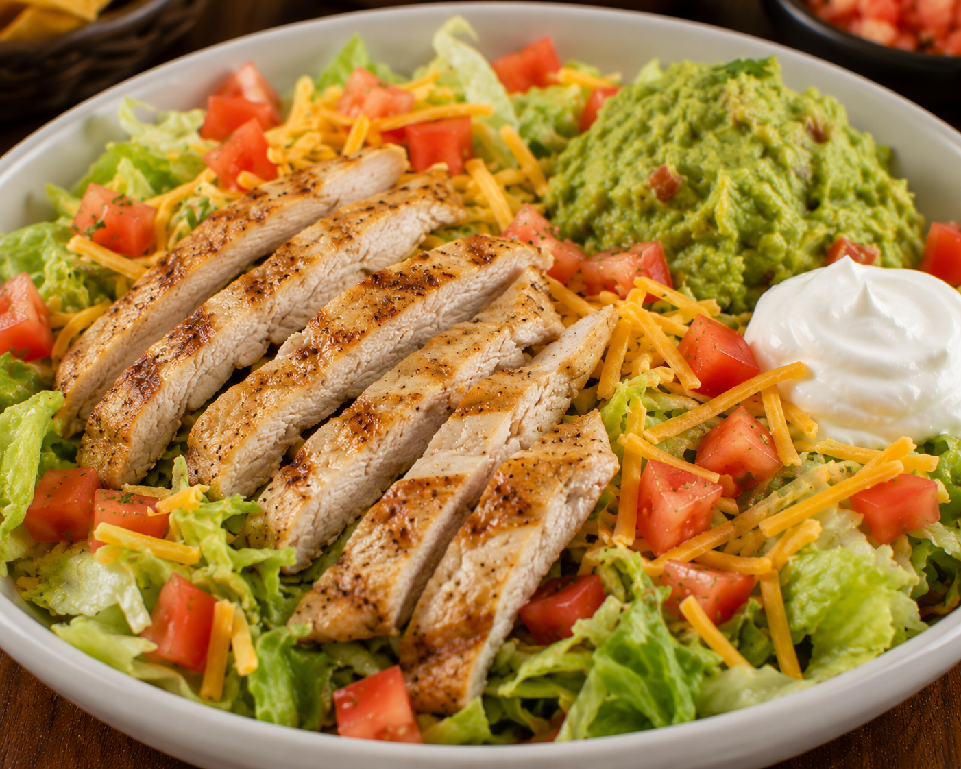 Chicken Salad plate served with guacamole, rice, beans, pico de gallo, and salad on a white plate