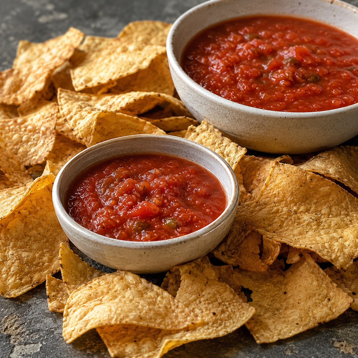 Chips and Salsa plate served with guacamole, rice, beans, pico de gallo, and salad on a white plate