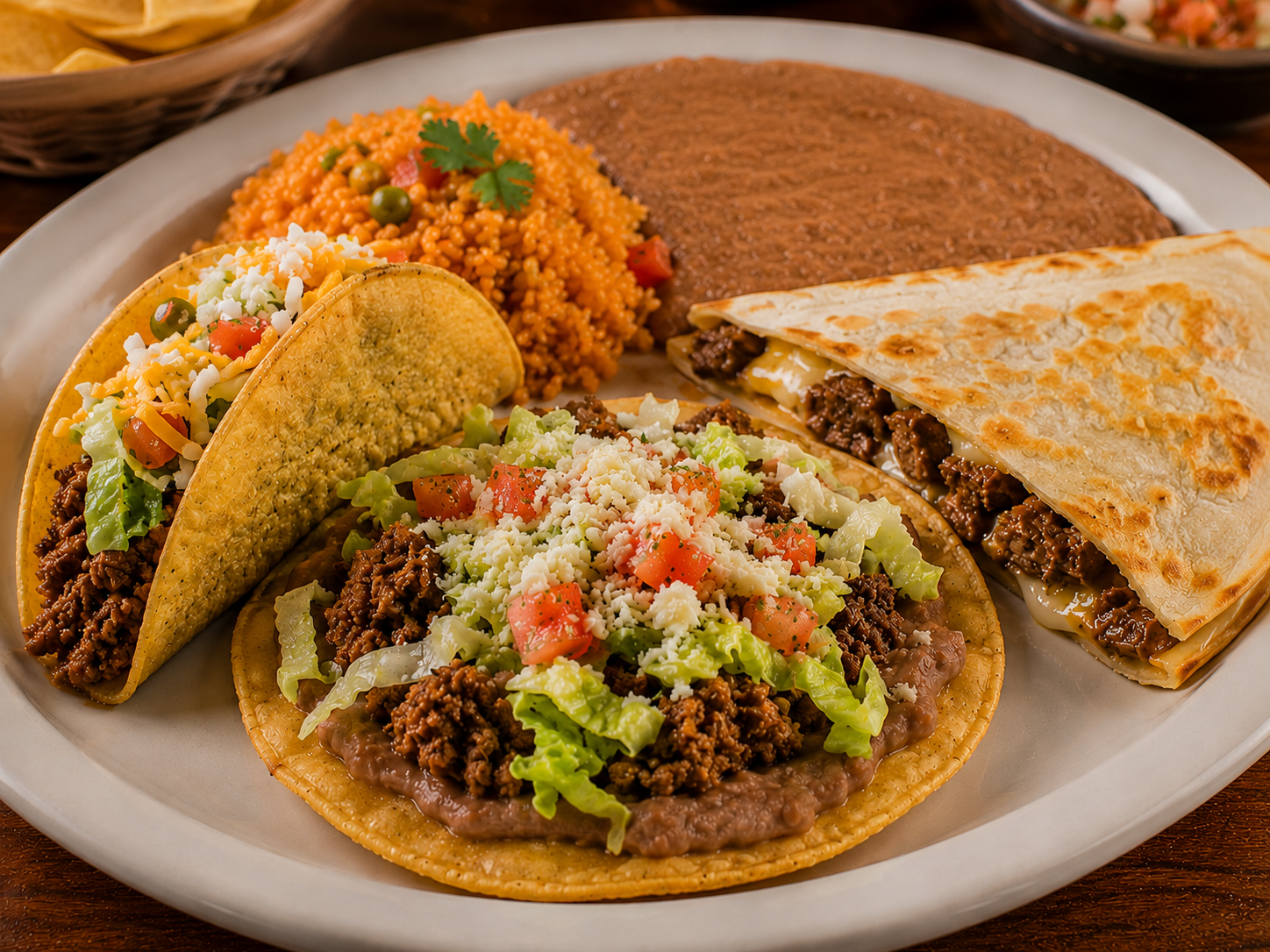 Combination Plate served with guacamole, rice, beans, pico de gallo, and salad on a white plate