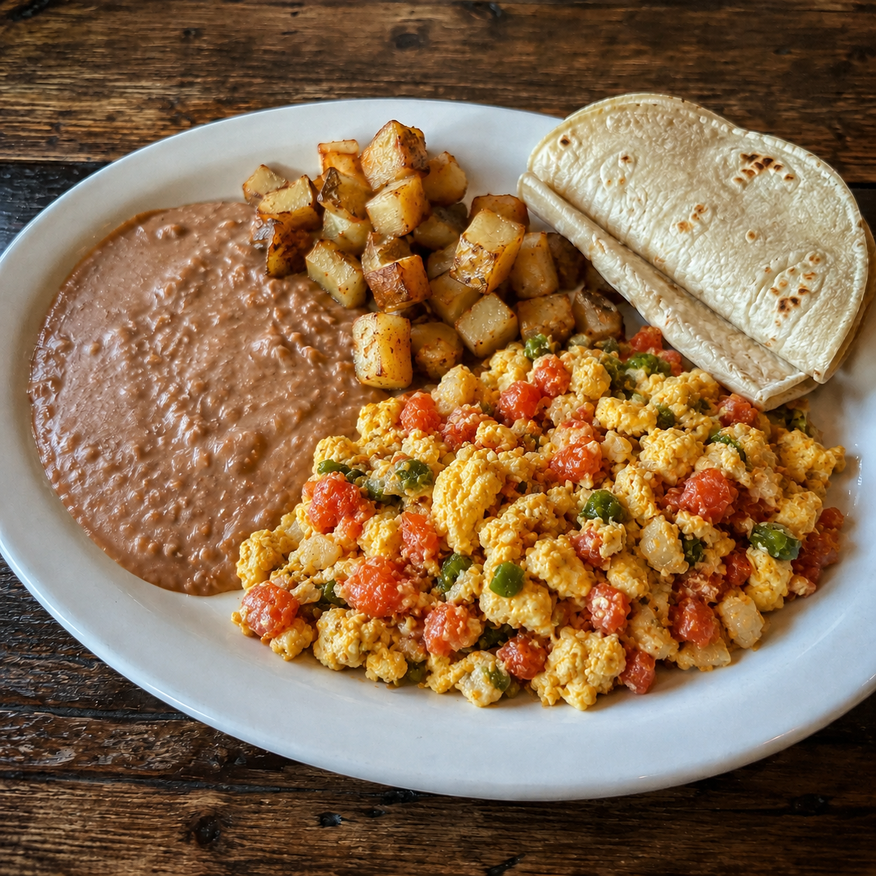 Egg a la Mexicana served on a white plate with a side of refried beans and potatoes
