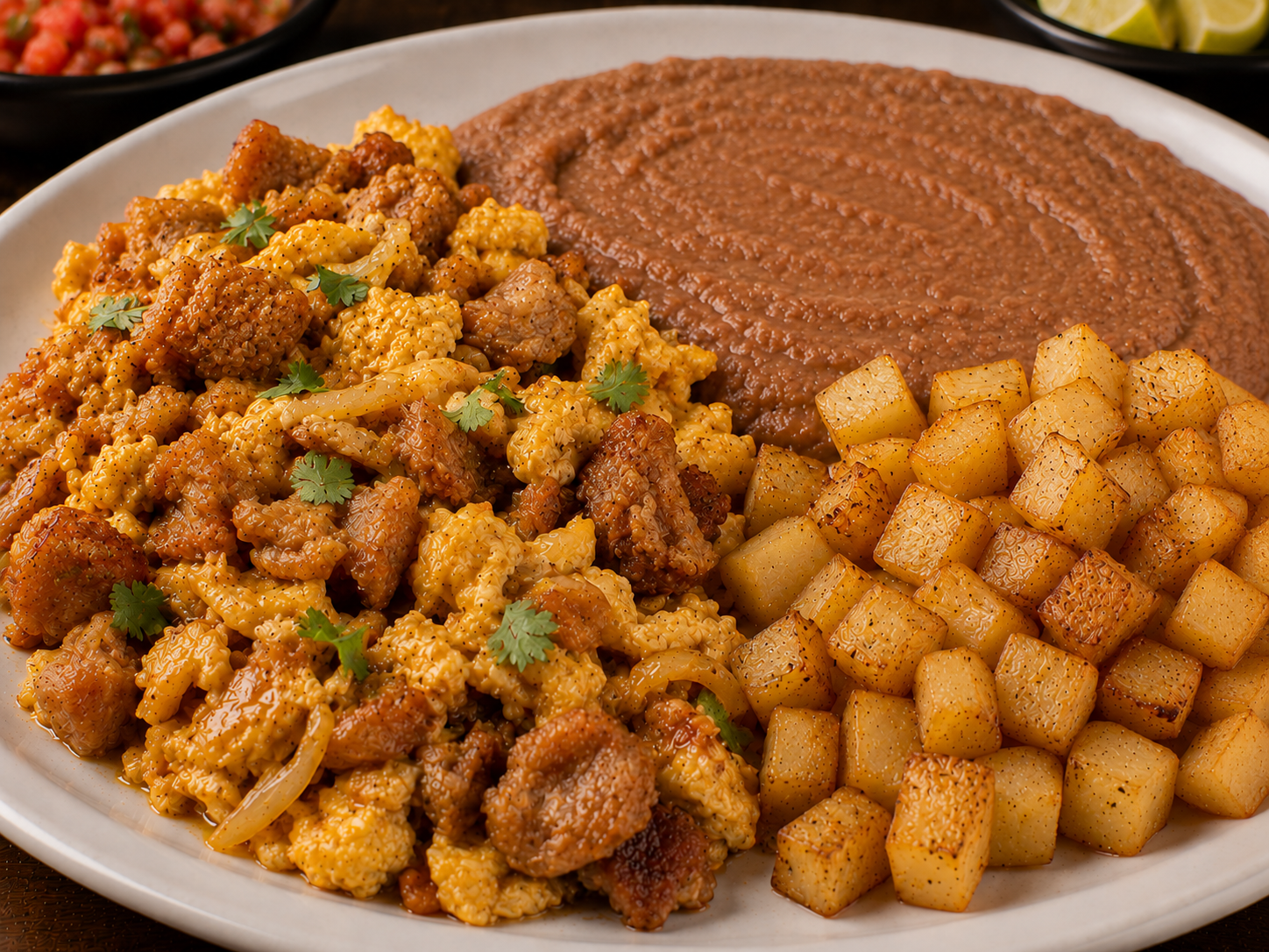Egg with chicharrón served on a white plate with a side of refried beans and potatoes