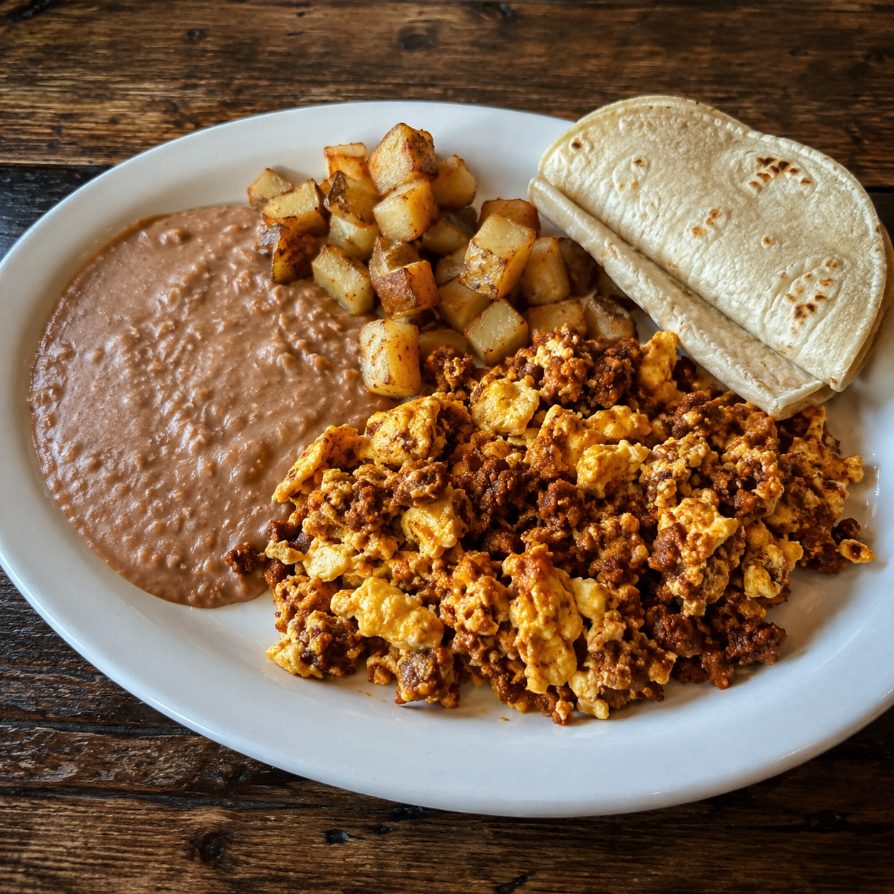 Egg with Chorizo served on a white plate with a side of refried beans and potatoes