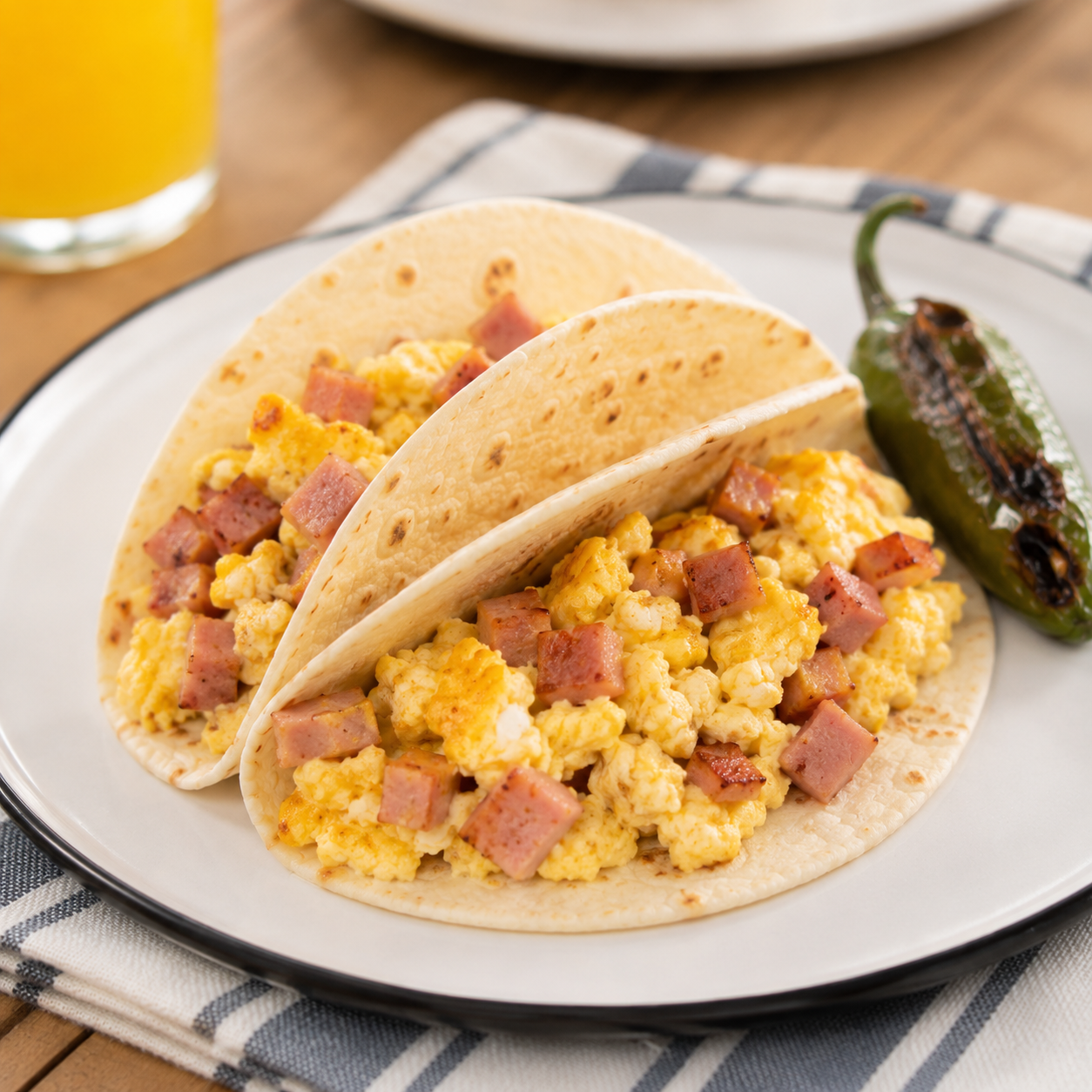 Egg with Ham served on a white plate with a side of refried beans and potatoes