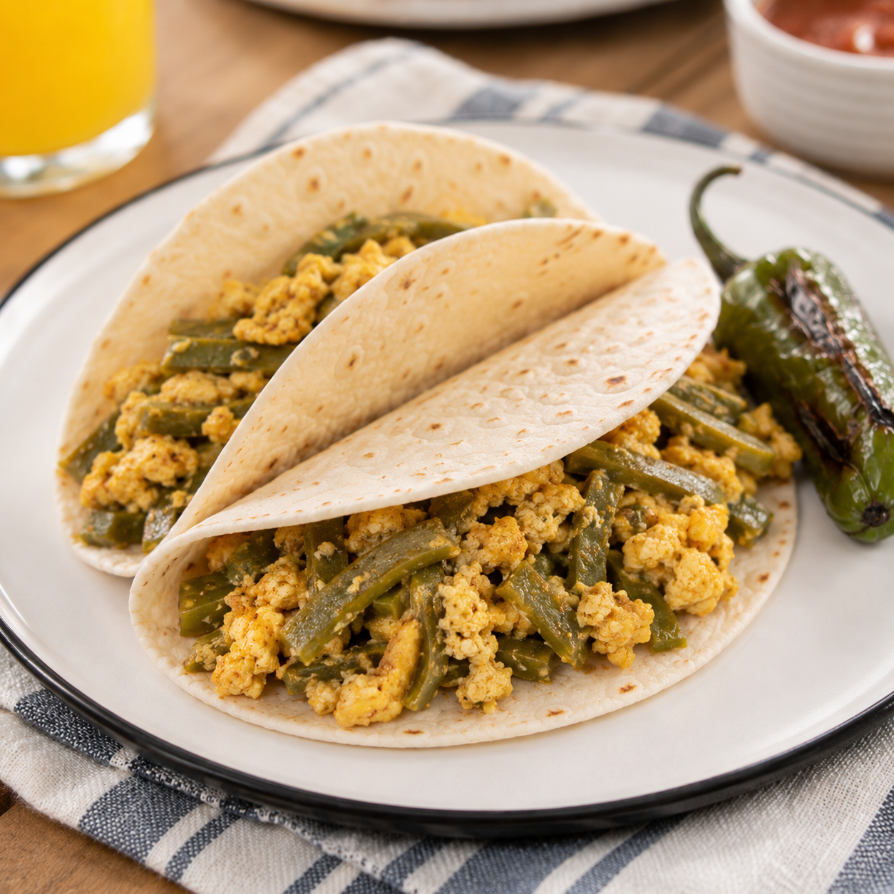 Egg with Nopales served on a white plate with a side of refried beans and potatoes