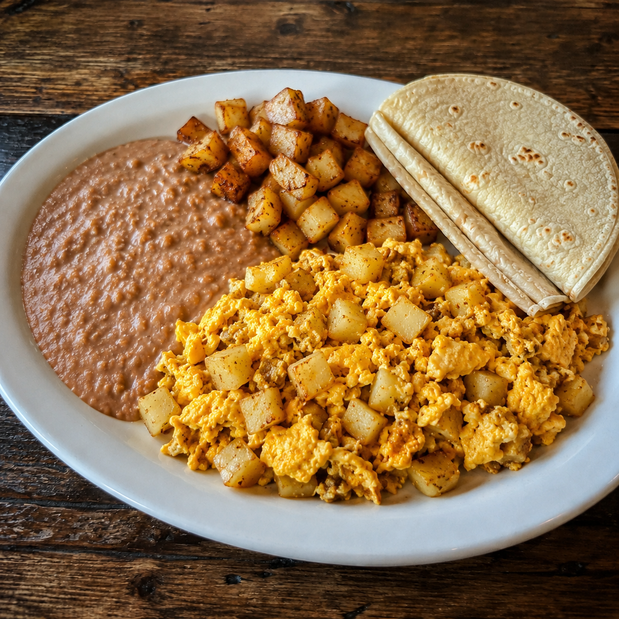Egg with Potato served on a white plate with a side of refried beans and potatoes