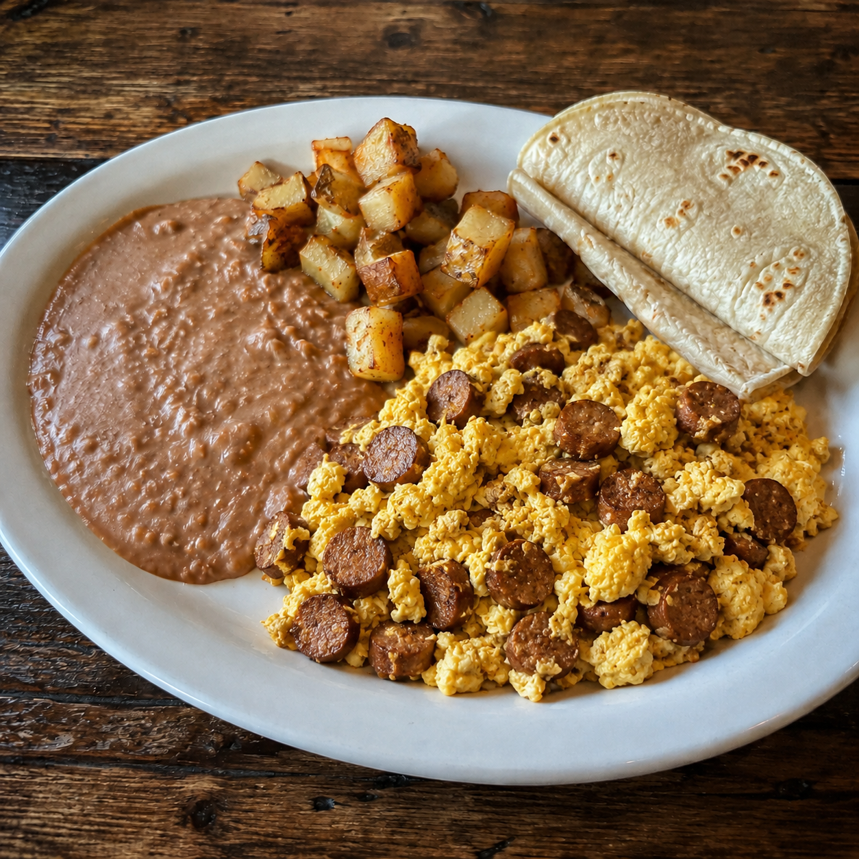 Egg with Sausage served on a white plate with a side of refried beans and potatoes