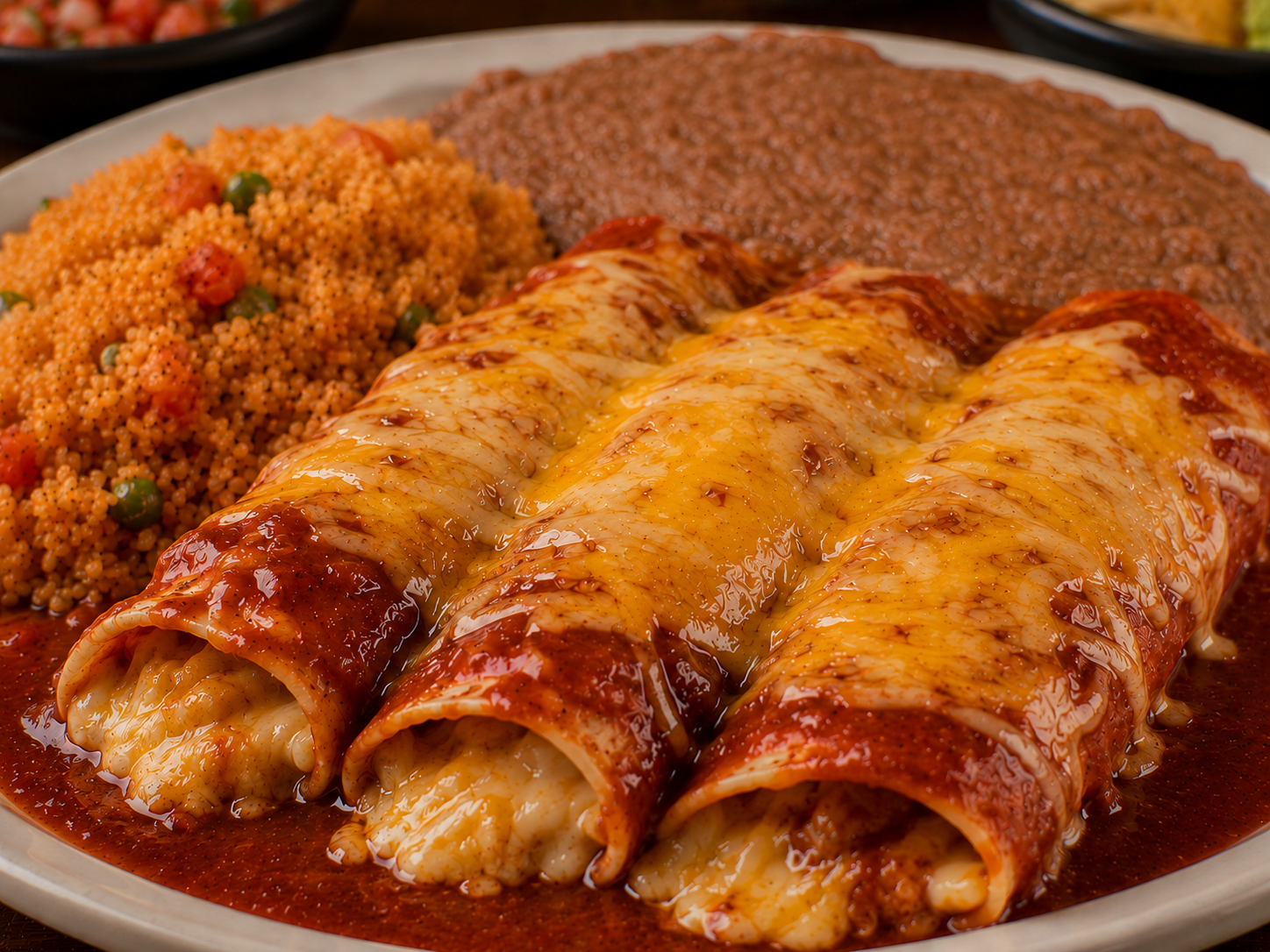Enchiladas Rojas plate served with guacamole, rice, beans, pico de gallo, and salad on a white plate