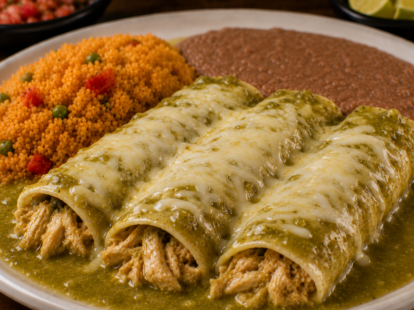 Enchiladas Suizas plate served with guacamole, rice, beans, pico de gallo, and salad on a white plate