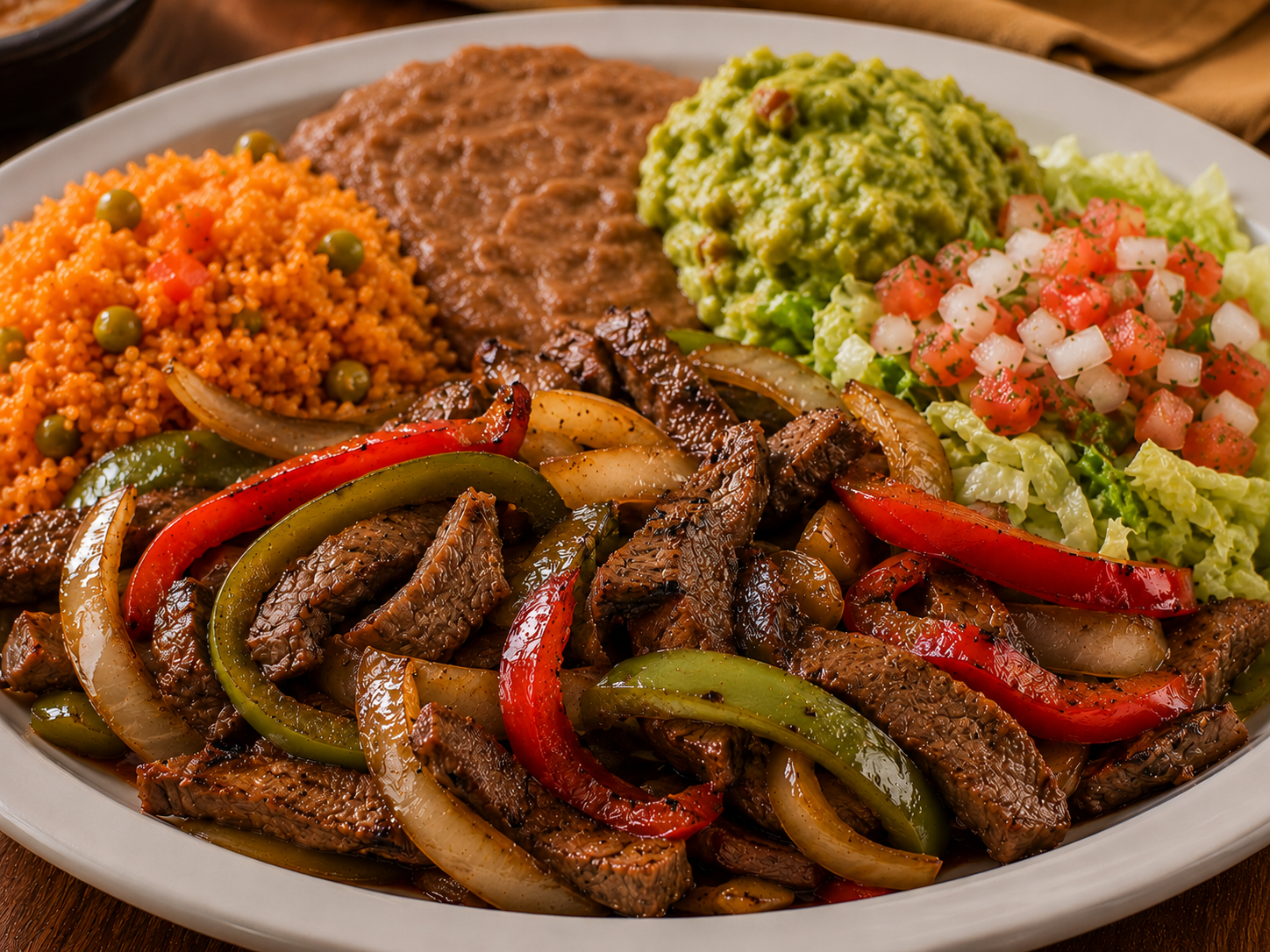 Fajita Asada plate served with guacamole, rice, beans, pico de gallo, and salad on a white plate