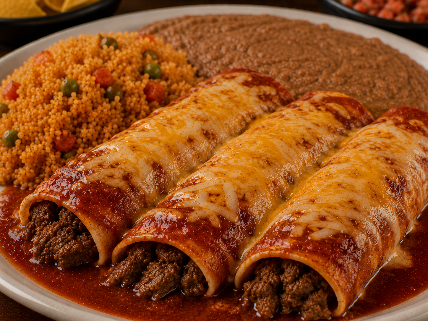 Fajita Enchiladas plate served with guacamole, rice, beans, pico de gallo, and salad on a white plate