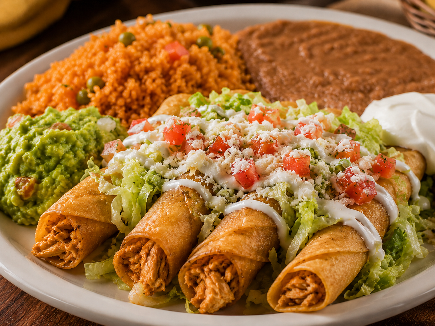 Flautas de pollo plate served with guacamole, rice, beans, pico de gallo, and salad on a white plate