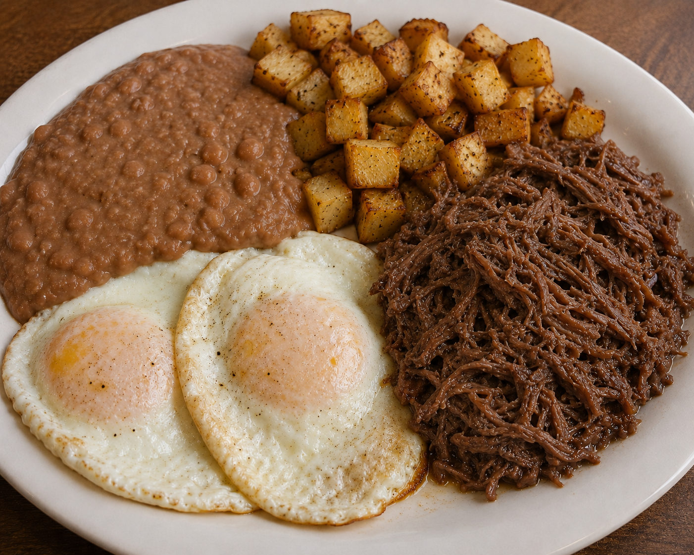 Egg with Barbacoa served on a white plate with a side of refried beans and potatoes