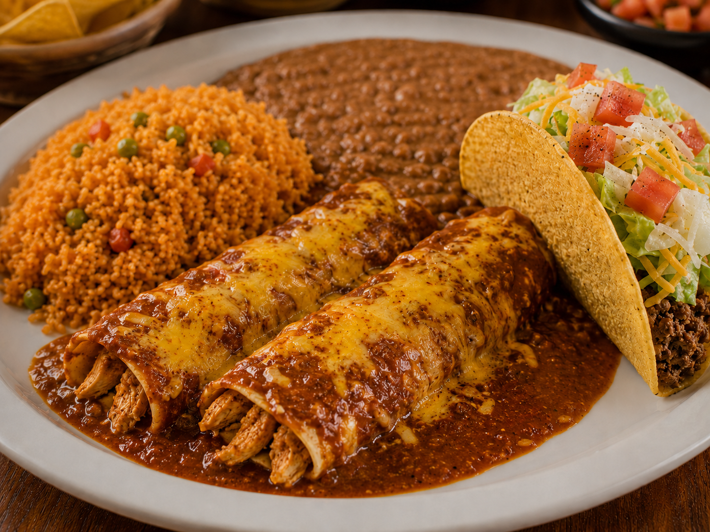 Mexican Plate served with guacamole, rice, beans, pico de gallo, and salad on a white plate
