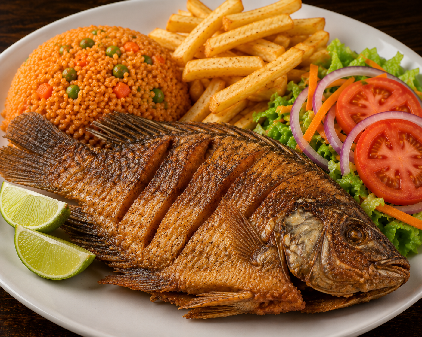Mojarra Frita plate served with guacamole, rice, beans, pico de gallo, and salad on a white plate