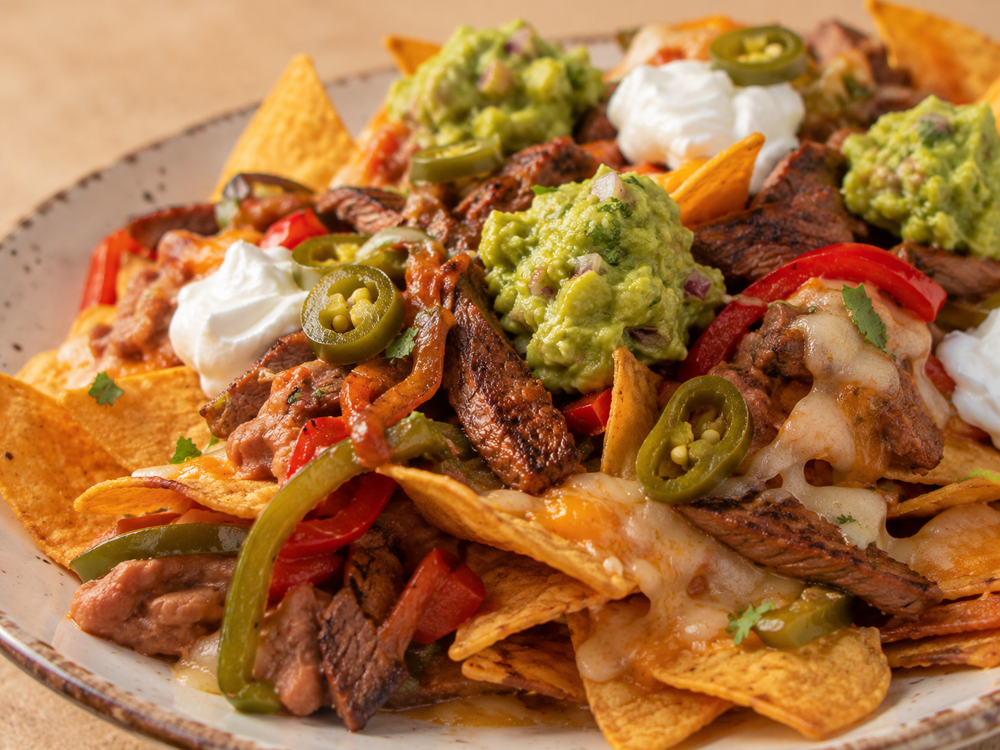 Nacho Deluxe plate served with guacamole, beans, cheese, jalapeños, sour cream, and guacamole on a white plate