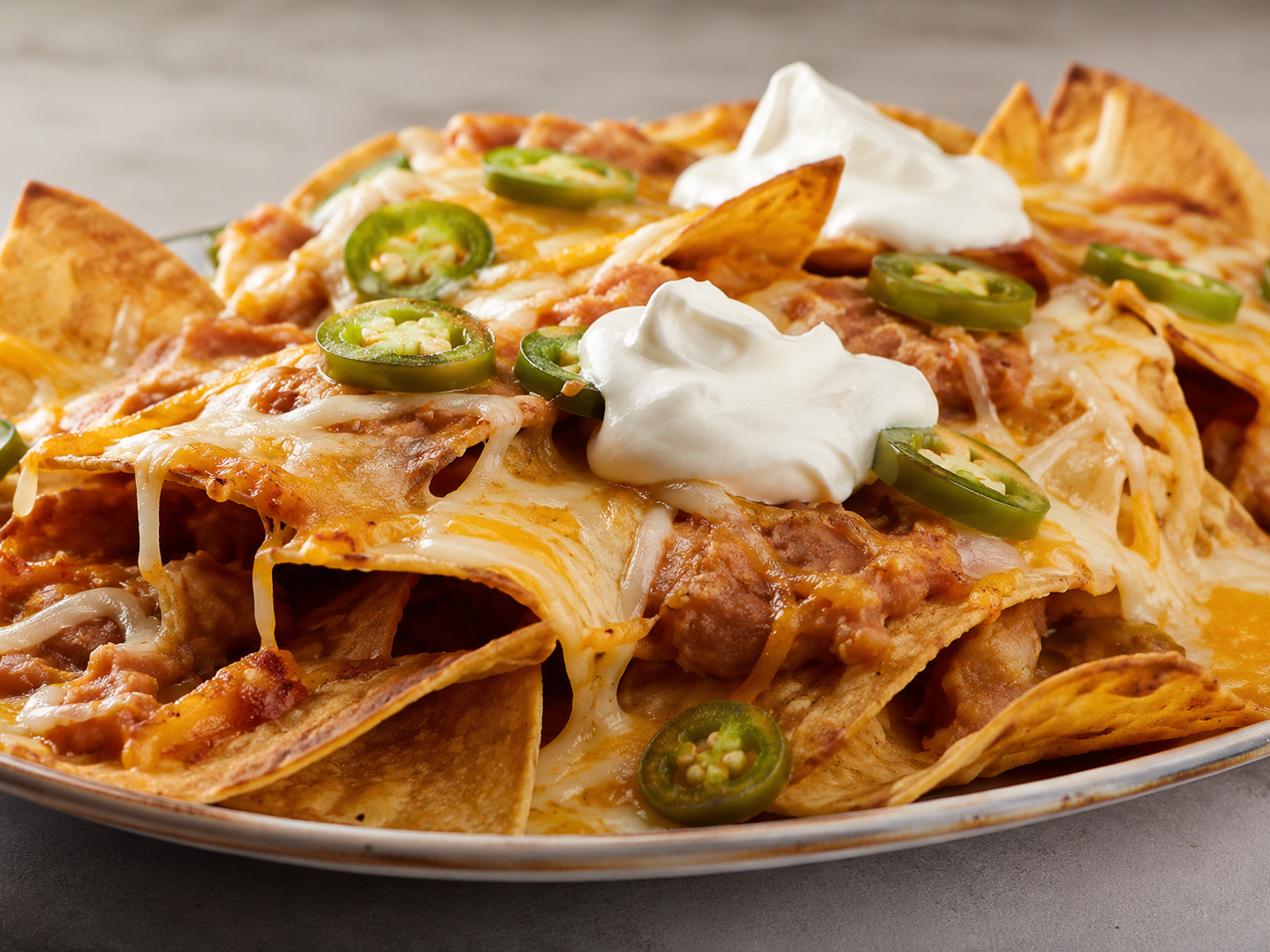 Nacho Supreme plate served with guacamole, beans, cheese, jalapeños, sour cream, and guacamole on a white plate