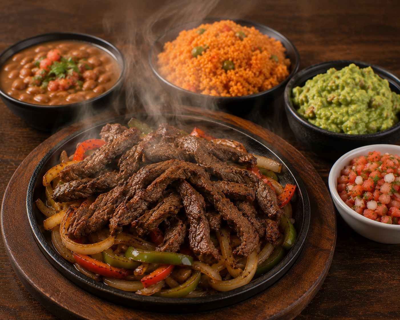 Parrillada de 1 Meat plate served with guacamole, rice, beans, pico de gallo, and salad on a white plate