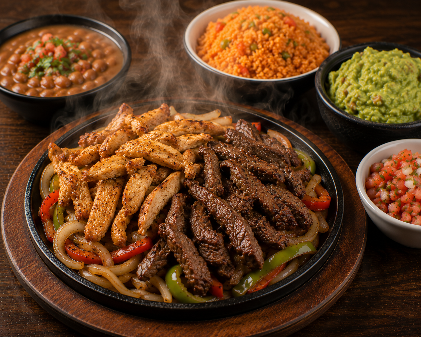 Parrillada de 2 Meats plate served with guacamole, rice, beans, pico de gallo, and salad on a white plate