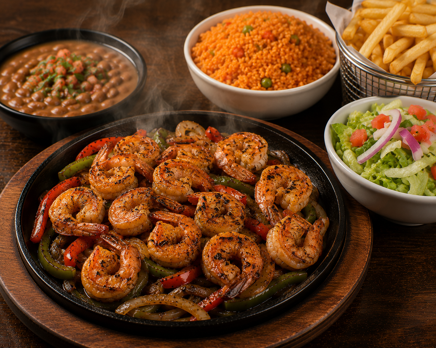 Shrimp Parrillada plate served with guacamole, rice, beans, pico de gallo, and salad on a white plate