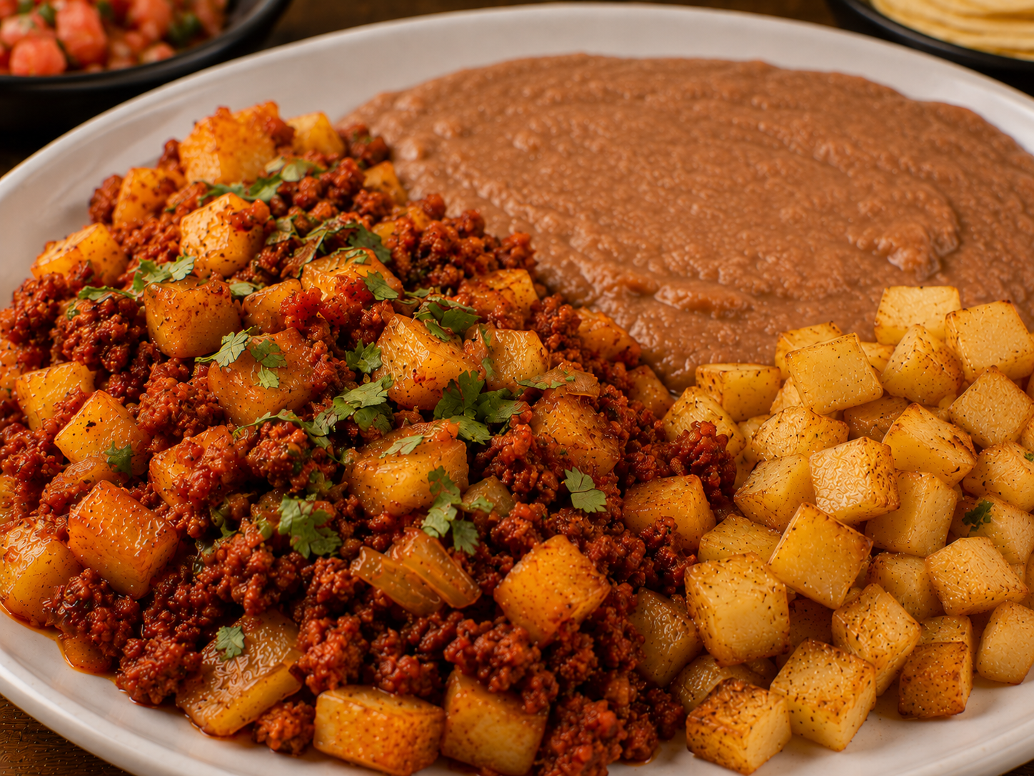 Potato with chorizo served on a white plate with a side of refried beans and potatoes