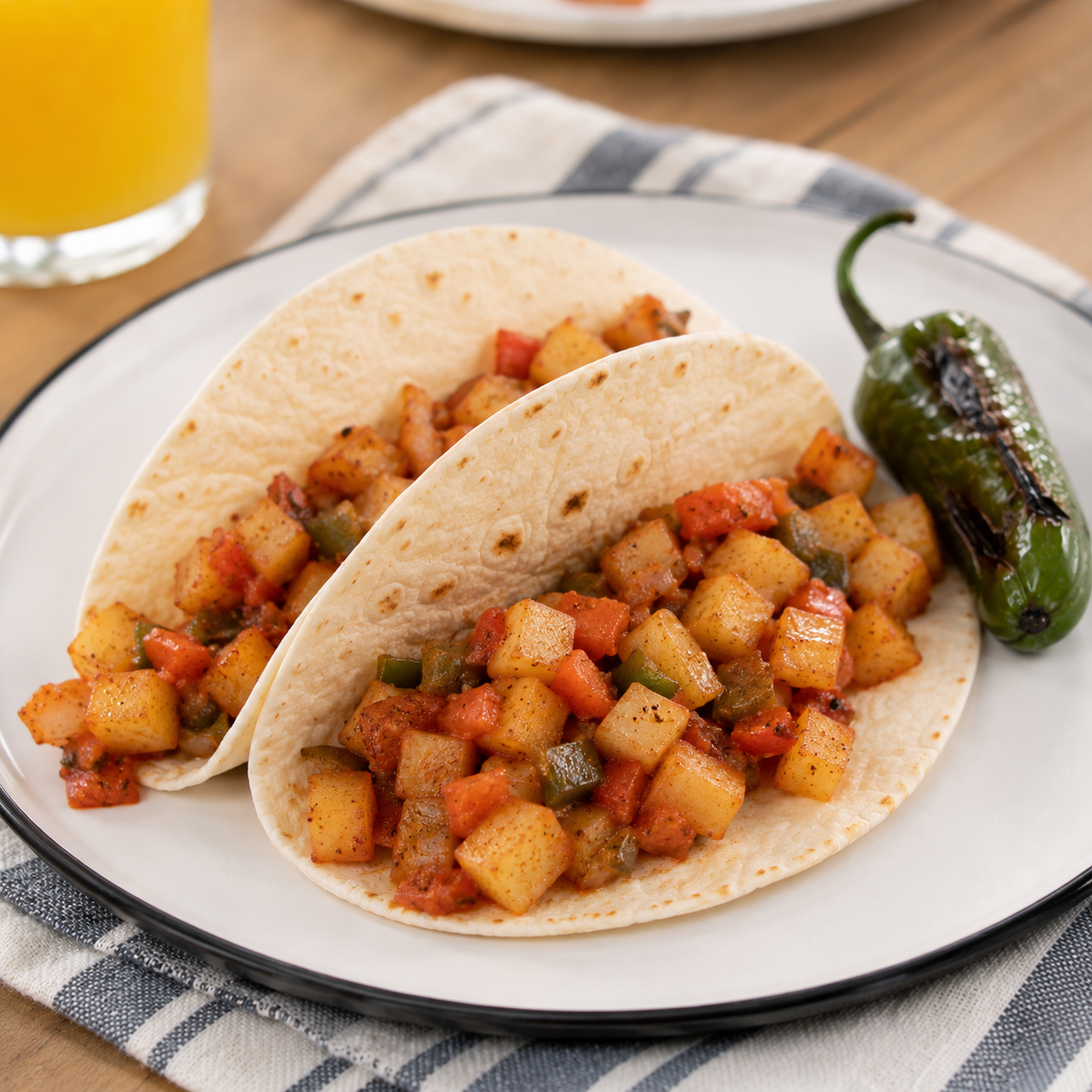 Potatoes a la Mexicana served on a white plate with a side of refried beans and potatoes