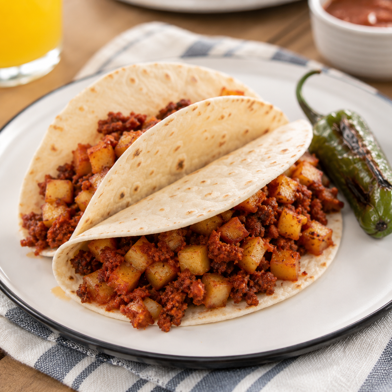Potatoes with chorizo served on a white plate with a side of refried beans and potatoes