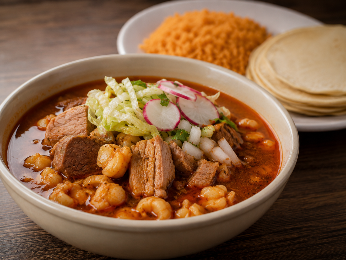 pozole bowl served with guacamole, rice, beans, pico de gallo, and salad on a white plate