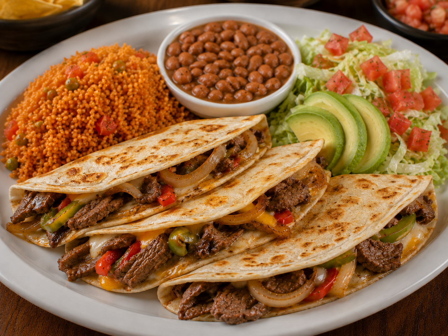 Quesadilla Order plate served with guacamole, rice, beans, pico de gallo, and salad on a white plate