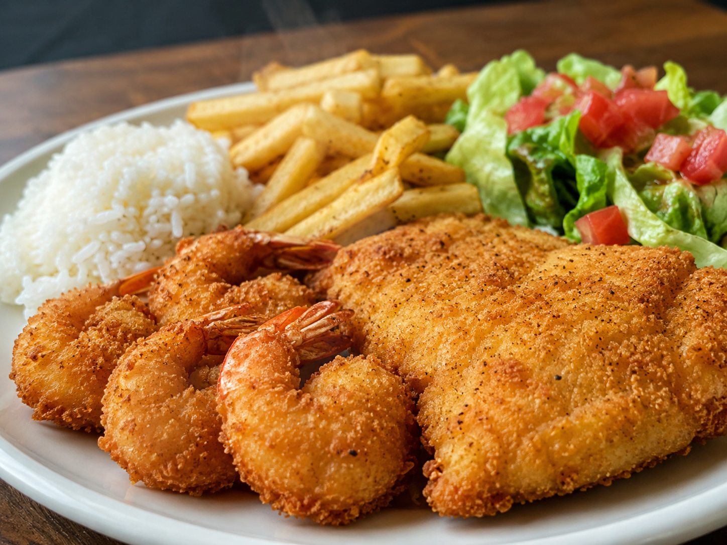 Seafood Combo plate served with guacamole, rice, beans, pico de gallo, and salad on a white plate