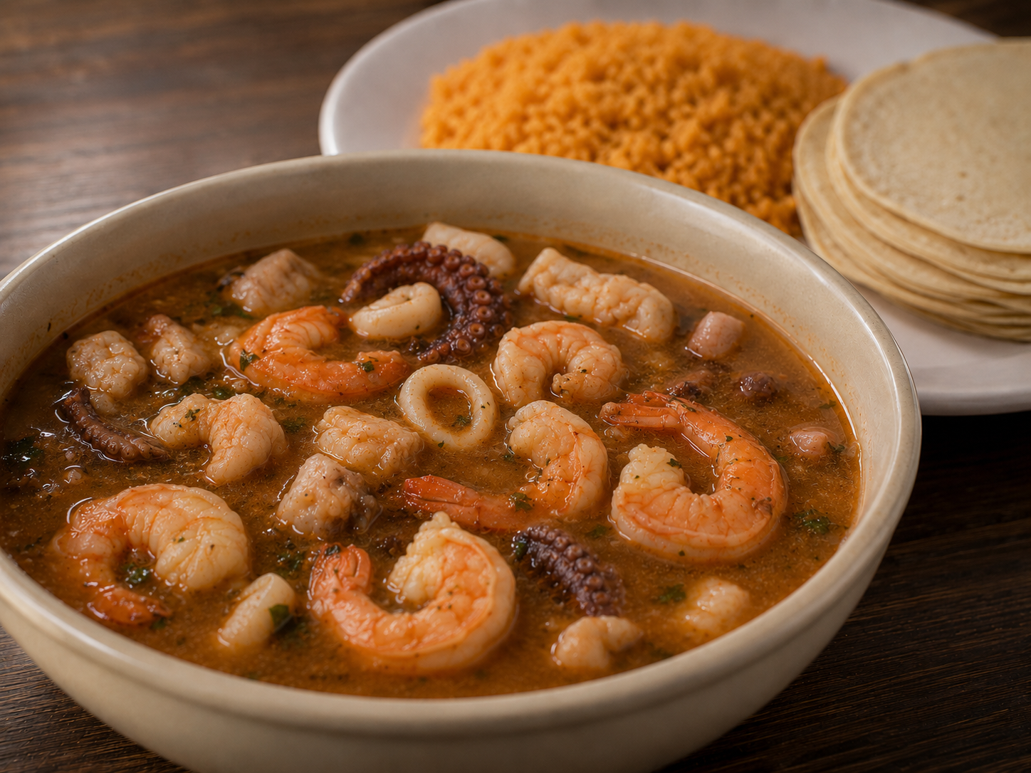 Seafood Soup plate served with guacamole, rice, beans, pico de gallo, and salad on a white plate