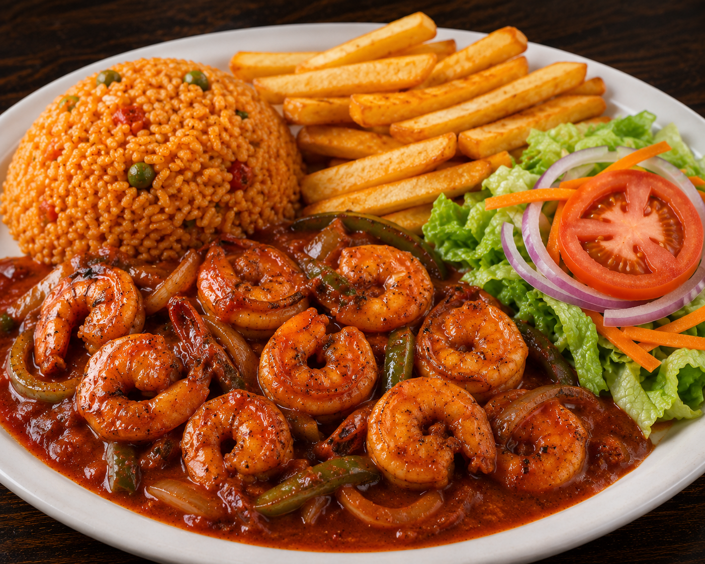 Shrimp a la Diabla plate served with guacamole, rice, beans, pico de gallo, and salad on a white plate