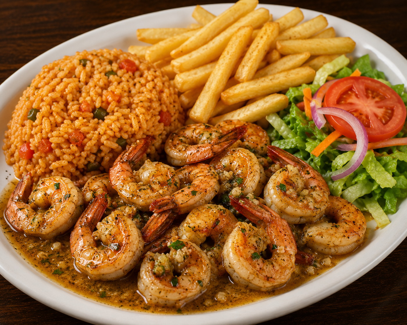 Shrimp al Mojo de Ajo plate served with guacamole, rice, beans, pico de gallo, and salad on a white plate