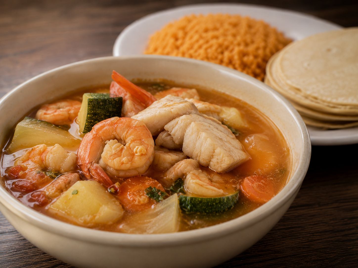 Shrimp & Fish Soup plate served with guacamole, rice, beans, pico de gallo, and salad on a white plate