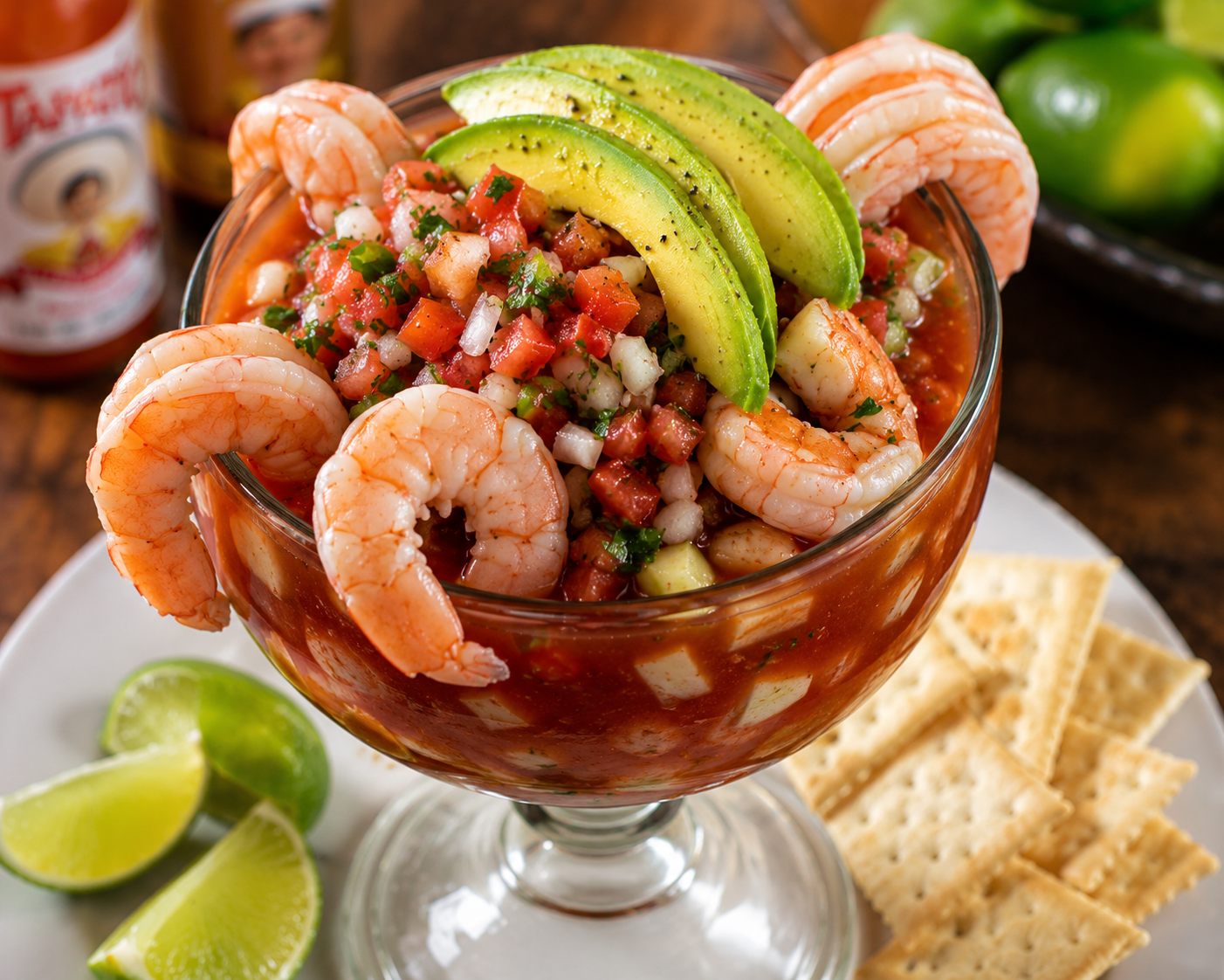 Shrimp Cocktail plate served with guacamole, rice, beans, pico de gallo, and salad on a white plate